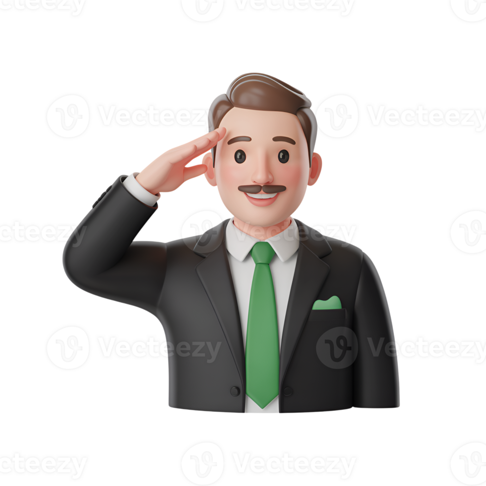Saluting businessman 3d character with suit and tie on a transparent background png