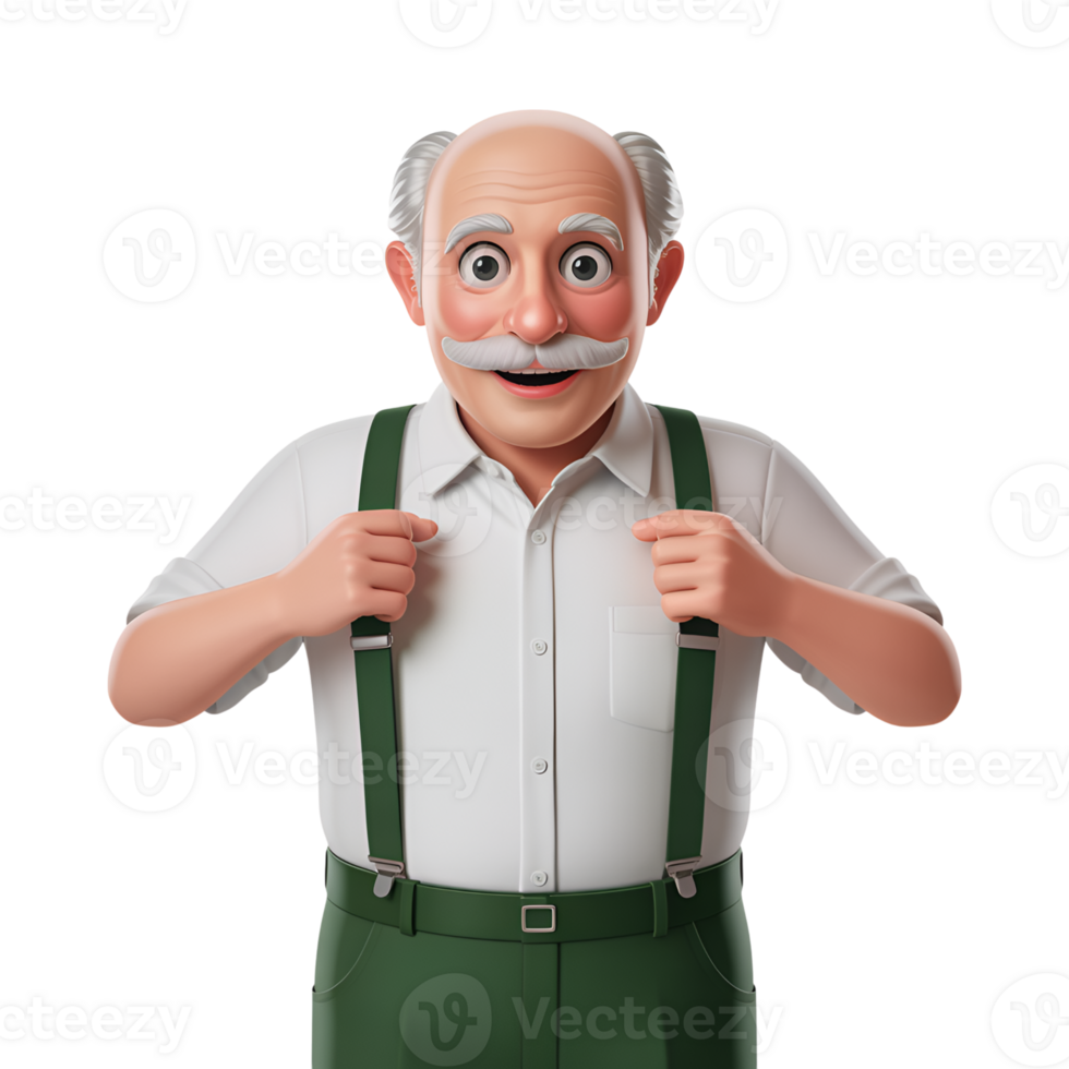 Cartoon character of an old man with suspenders and a mustache looking forward png