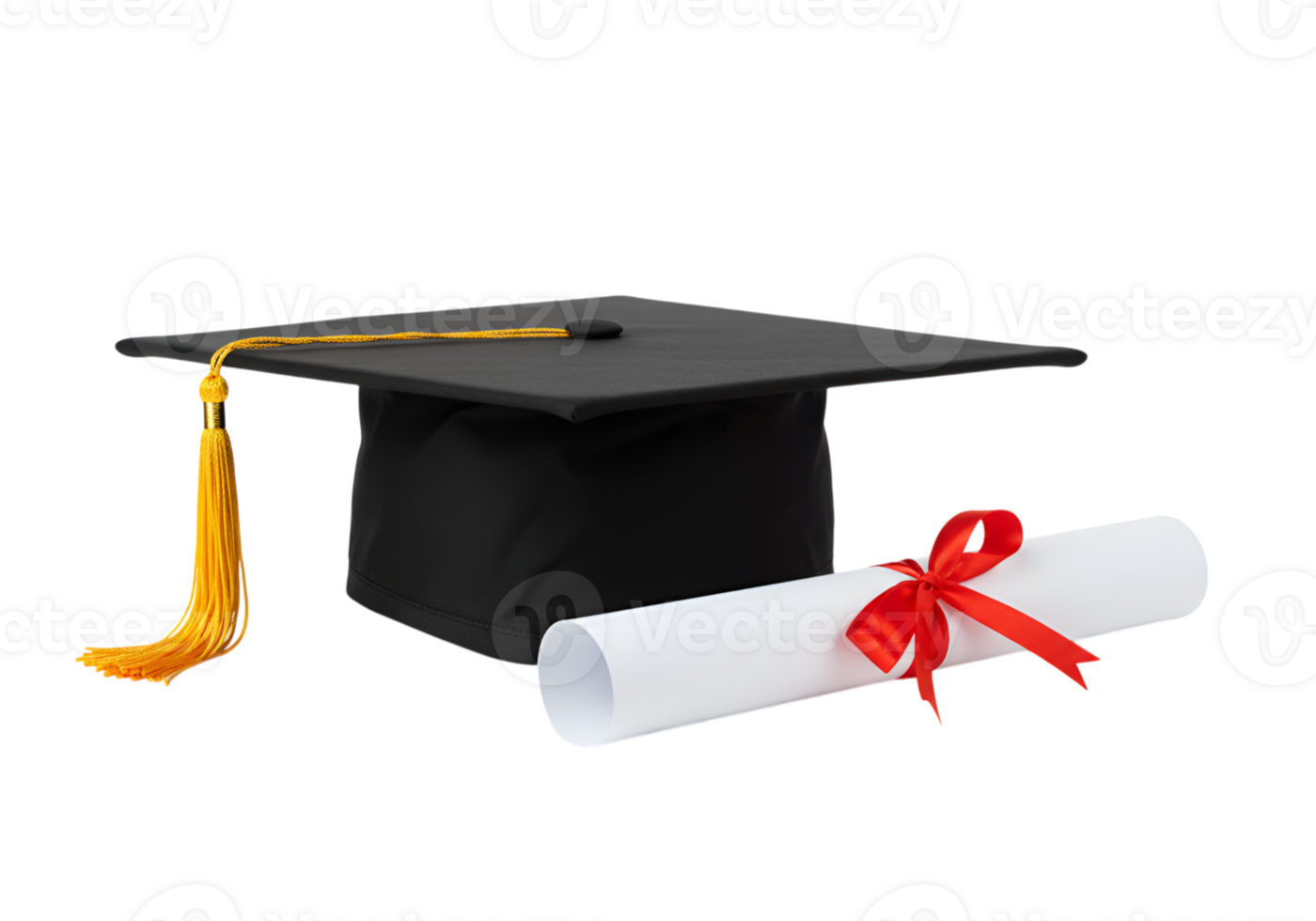 Graduation cap and diploma with red ribbon on plain background studio shot png