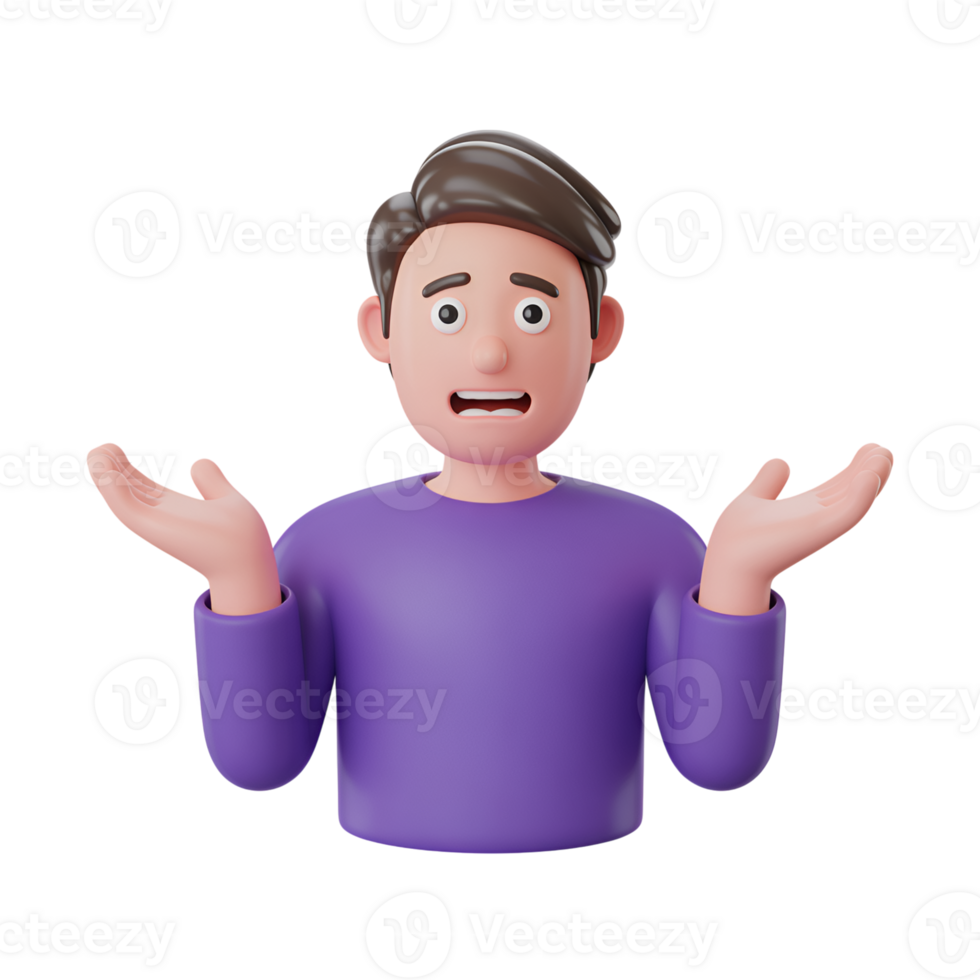 Cartoon man shrugging with palms up in confusion and wearing a purple shirt png