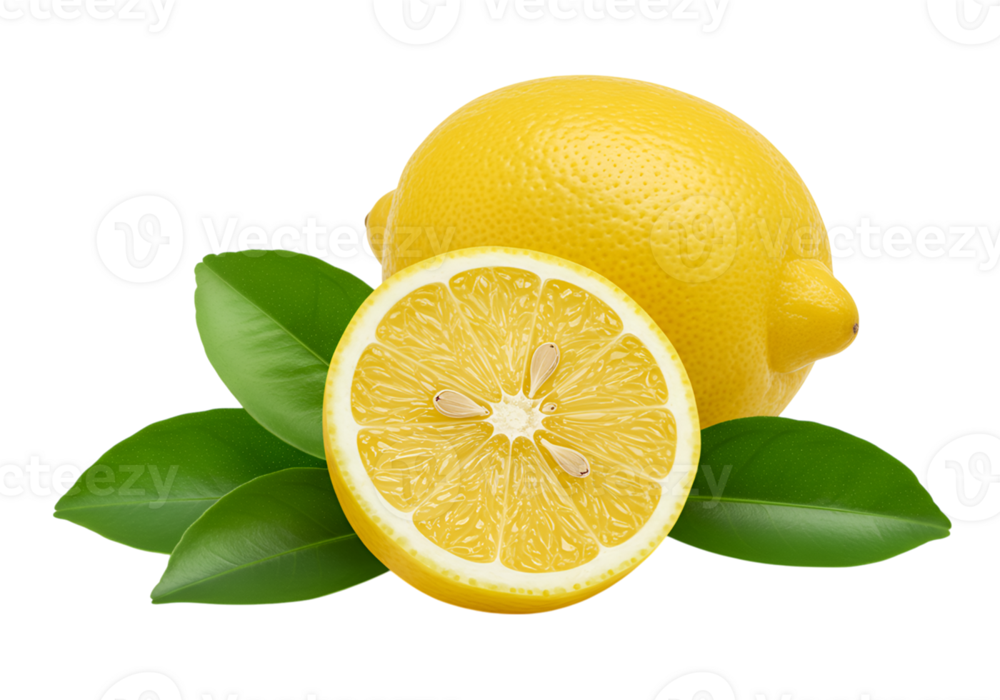 Lemon fruit with half slice and leaves isolated on a clean background png