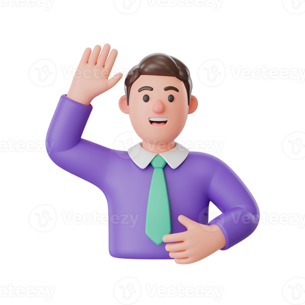 Cartoon man waving with purple shirt and green tie on a simple isolated background png