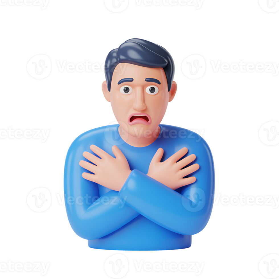 Scared man with arms crossed on chest, 3d rendering of fear and anxiety expression png