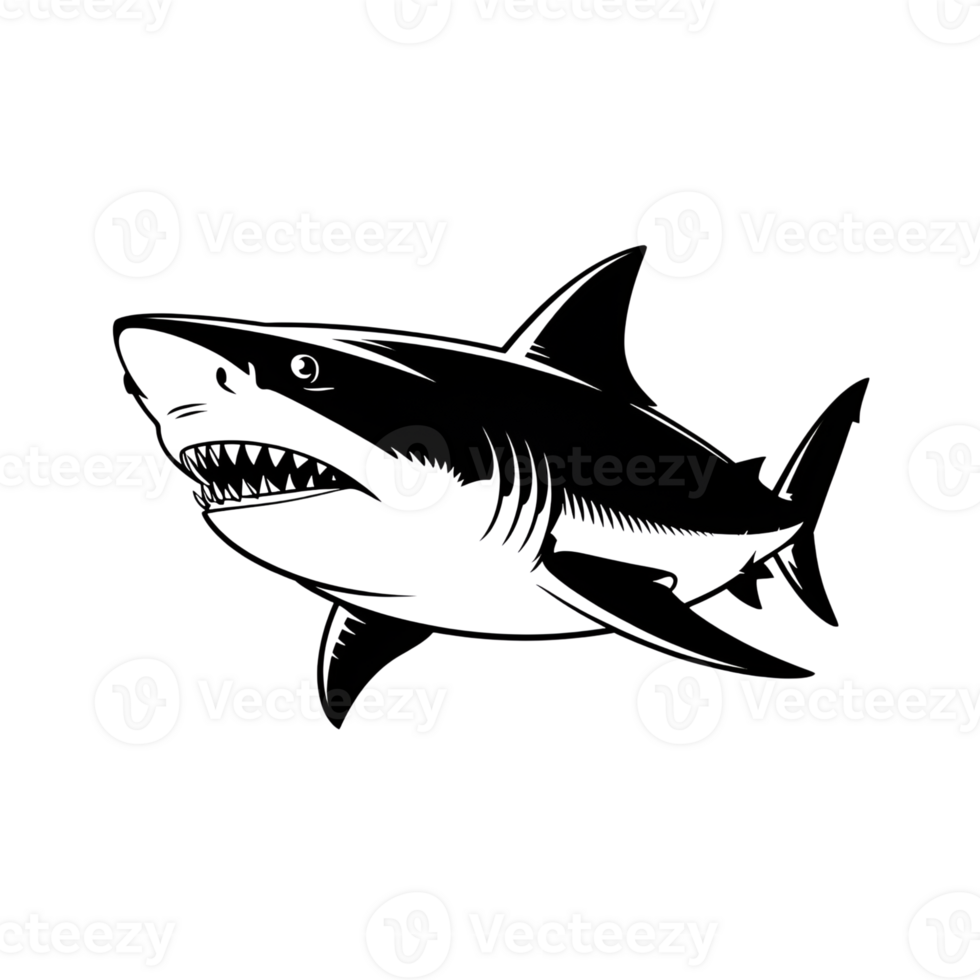 Shark illustration, monochrome design of a swimming shark with visible teeth and fins png