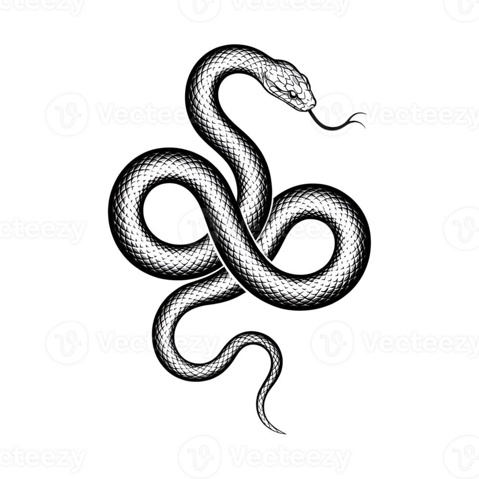 Coiled snake illustration with tongue, detailed scales and shading, isolated png