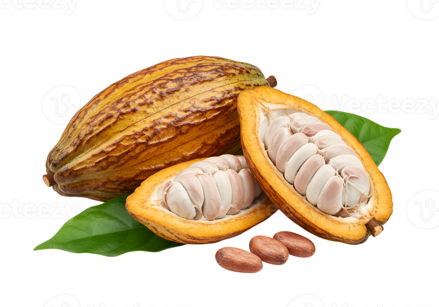 Cocoa fruit halves with beans and leaves on plain isolated background png