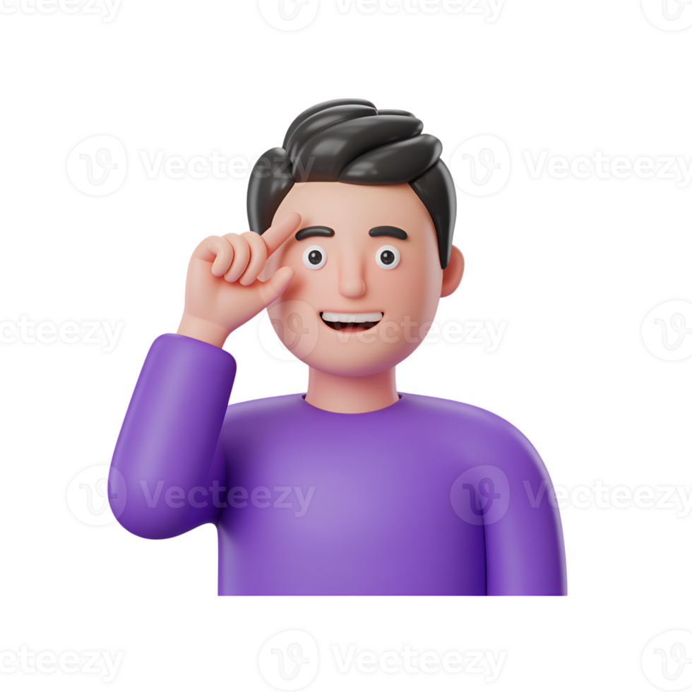 Cartoon man gesturing small size with fingers, smiling, wearing purple shirt png