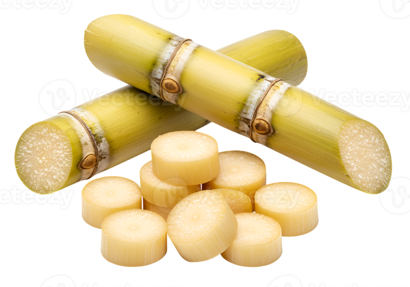 Sugarcane stalks and sliced pieces isolated on plain background, close up view png