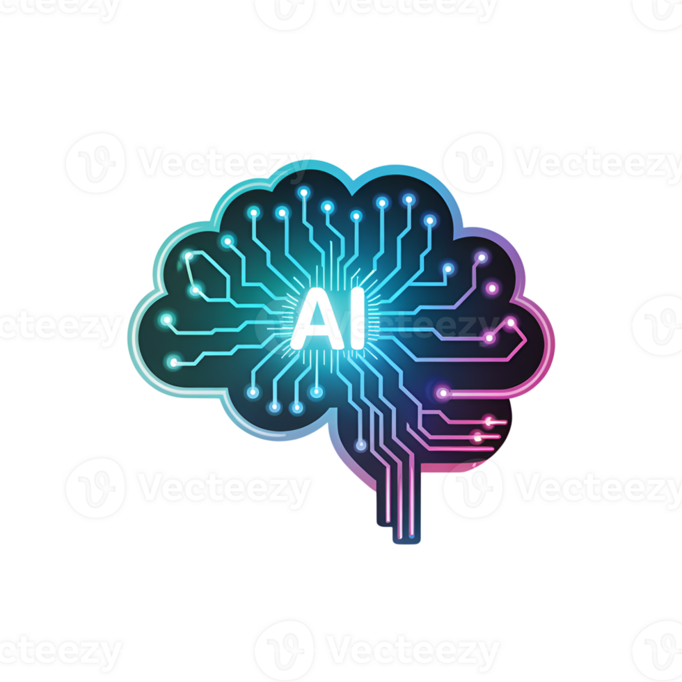 Ai brain circuit with neon glow and connected lines on a digital illustration png
