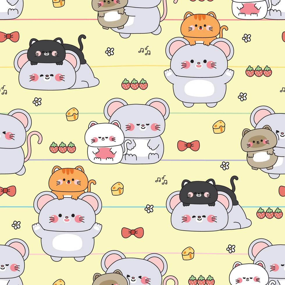 Seamless pattern of cute big rat mouse and tiny cat meow kitten stay together background.Friendship.Love.Pet and rodent animal character cartoon.Cheese,strawberry,flower,bow.Illustration. vector