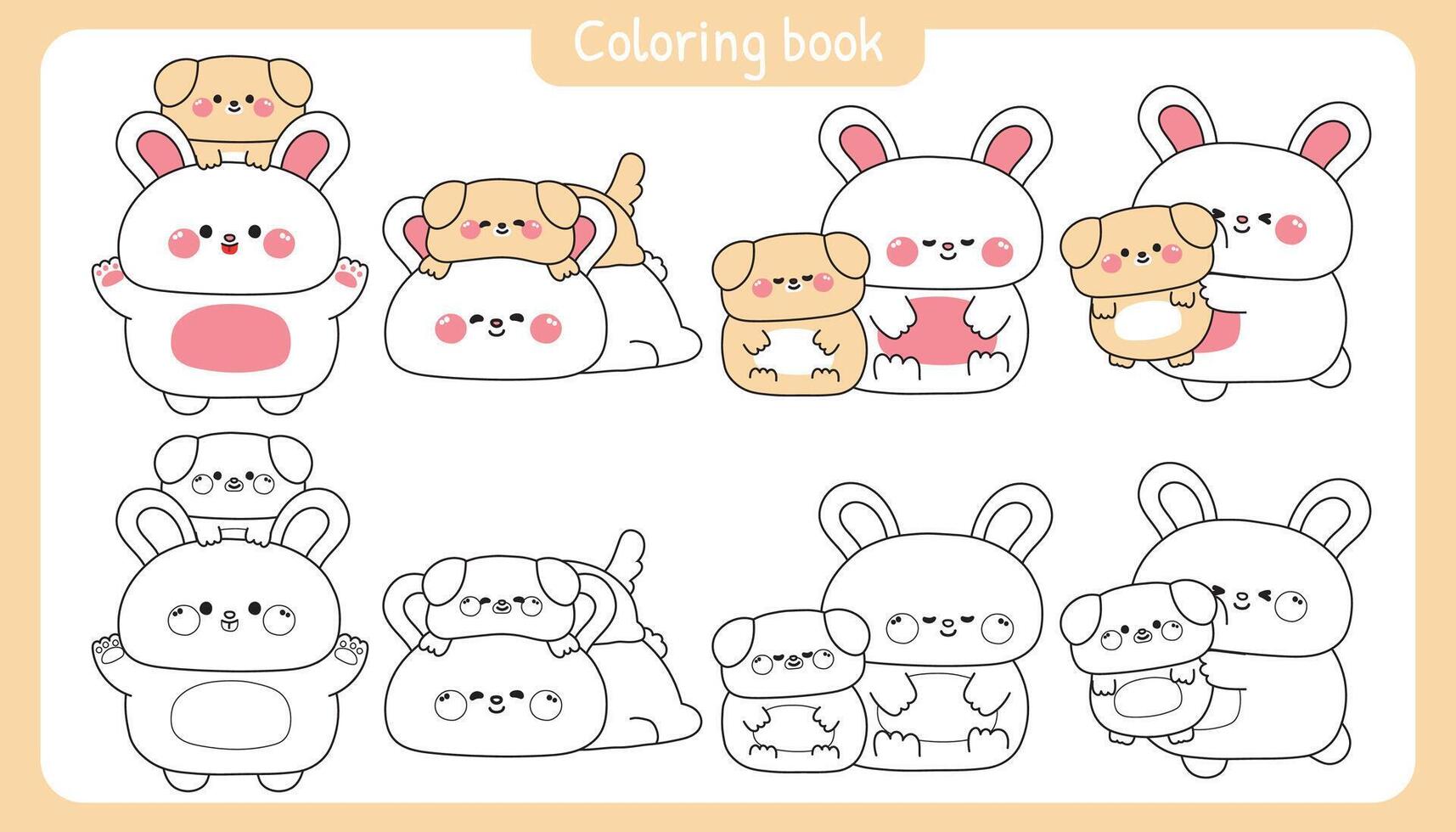 Coloring pages.Set of cute big rabbit and tiny dog stay together in various poses.Friendship.Love.Pet and rodent animal character cartoon.Painting book.Kawaii.Illustration. vector