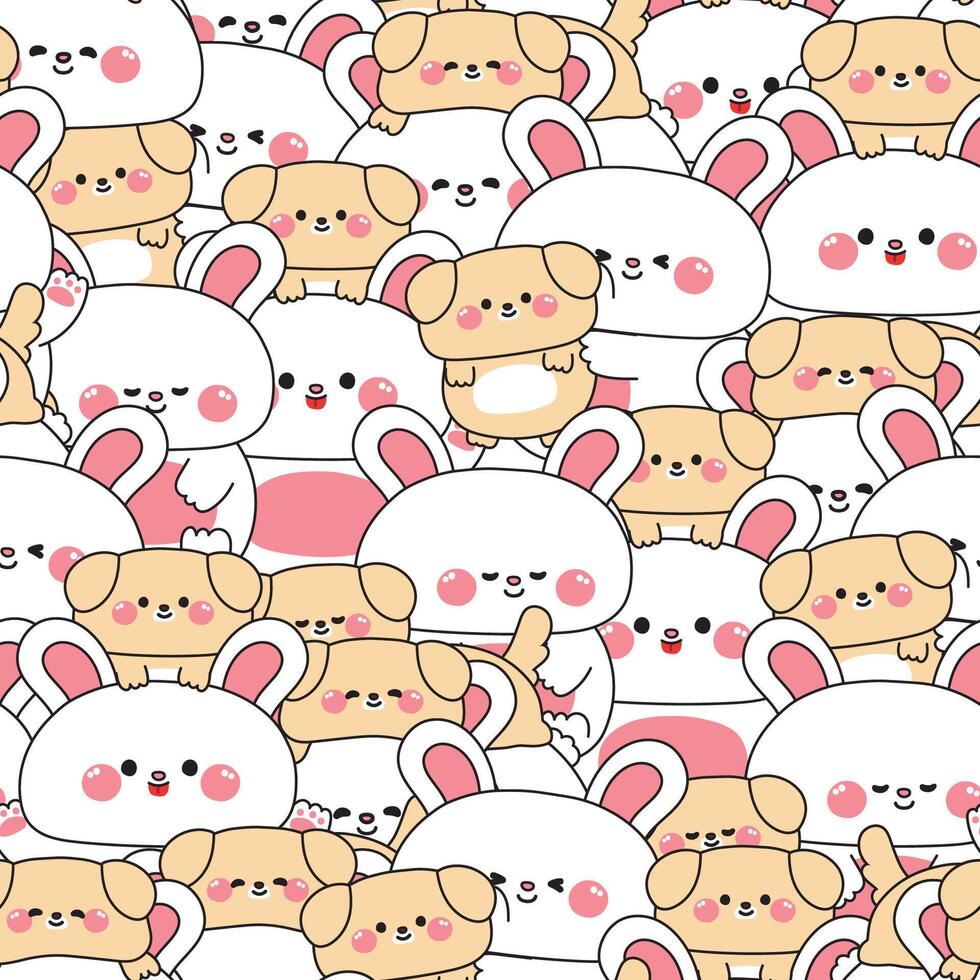 Repeat.Seamless pattern of cute big rabbit and tiny puppy dog stay together in various poses background.Friendship.Love.Pet and rodent animal character cartoon.Kawaii.Illustration. vector