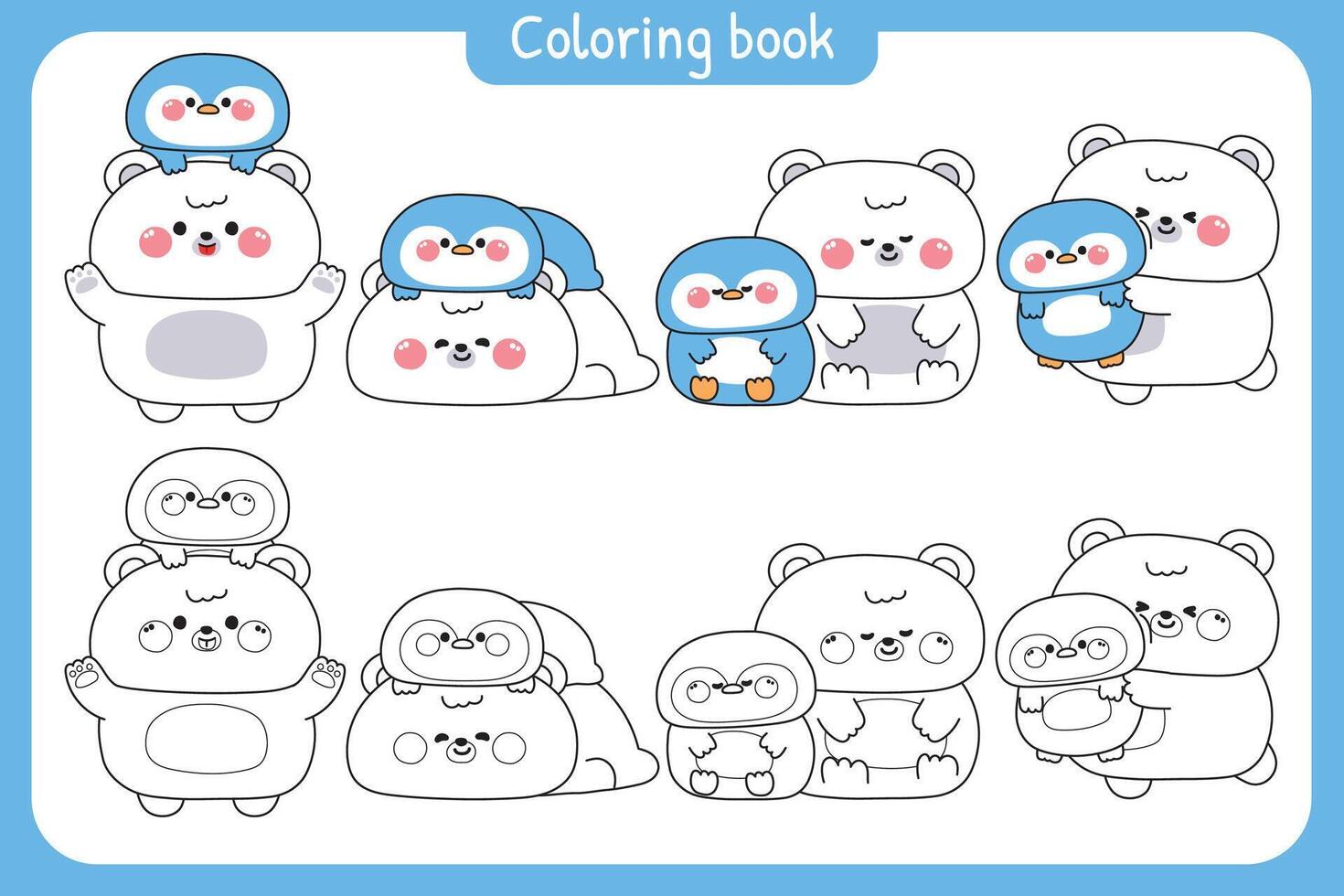 Coloring pages.Set of cute big Polar bear and tiny penguin stay together in various poses.Friendship.Love.North pole snow ice animal character cartoon.Painting book.Kawaii.Illustration. vector