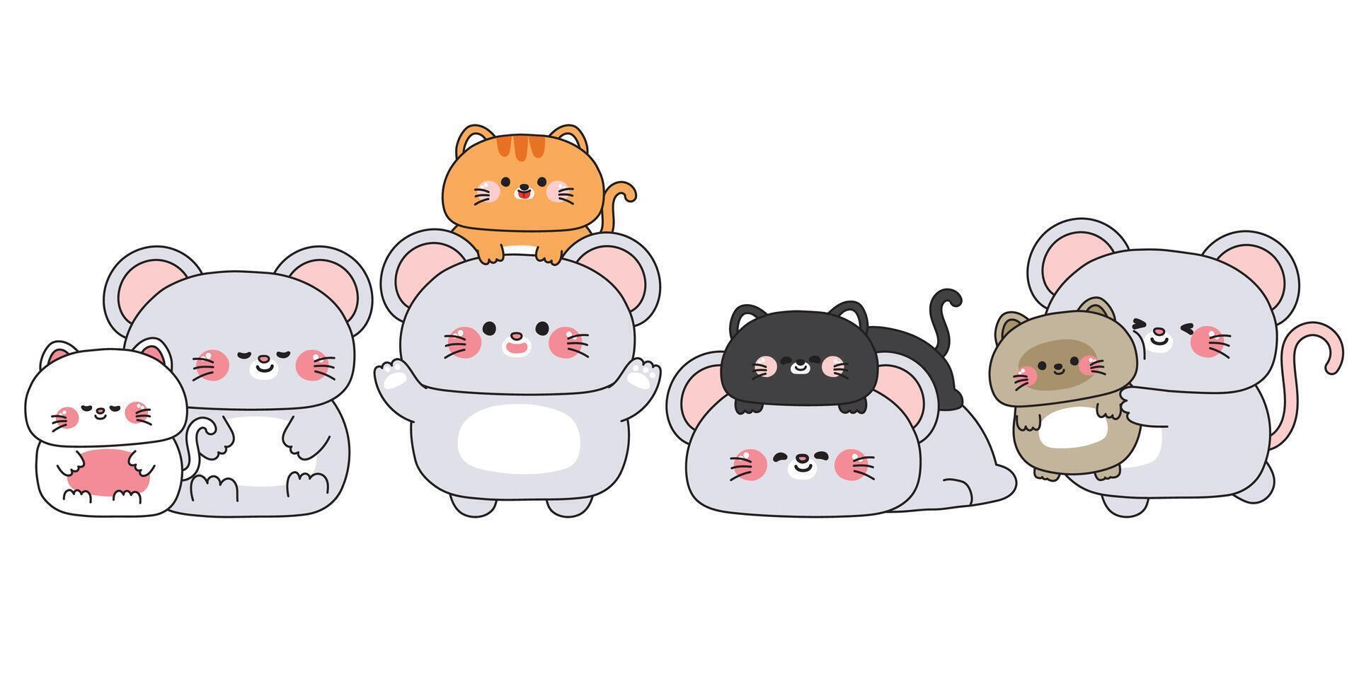 Set of cute big rat mouse and tiny cat meow kitten stay together in various poses.Friendship.Love.Pet and rodent animal character cartoon.Kawaii.Illustration. vector