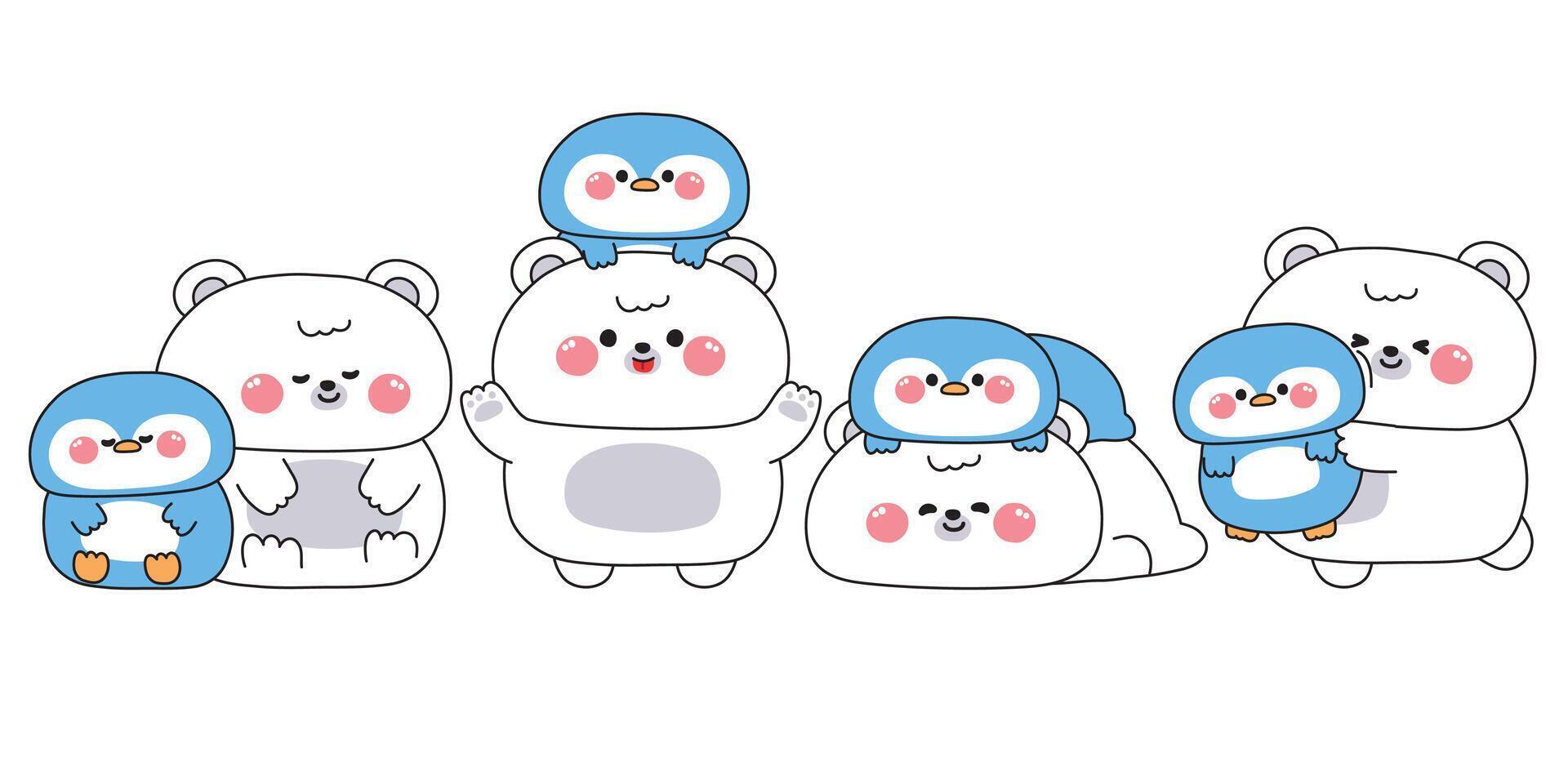 Set of cute big Polar bear and tiny penguin stay together in various poses.Friendship.Love.North pole snow ice animal character cartoon.Kawaii.Illustration. vector