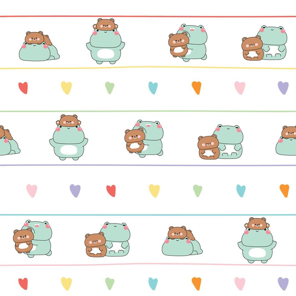 Seamless pattern of cute big frog and tiny teddy bear stay together in various poses with heart background.Friendship.Love.Wild and reptile animal character cartoon.Kawaii.Illustration. vector