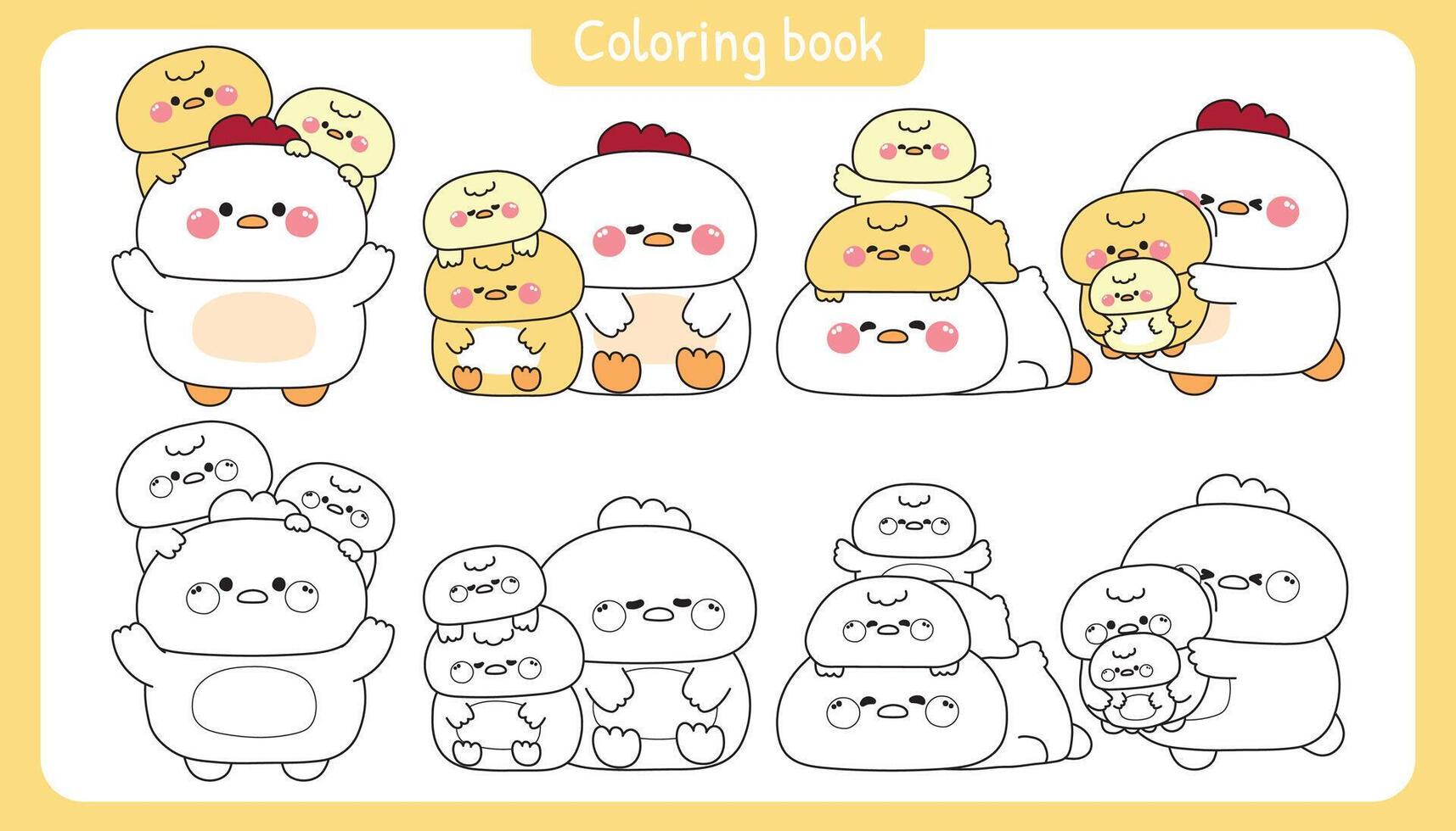 Coloring pages.Set of cute big hen and tiny chicken stay together in various poses.Friendship.Love.Farm bird animal character cartoon.Painting book.Kawaii.Illustration. vector