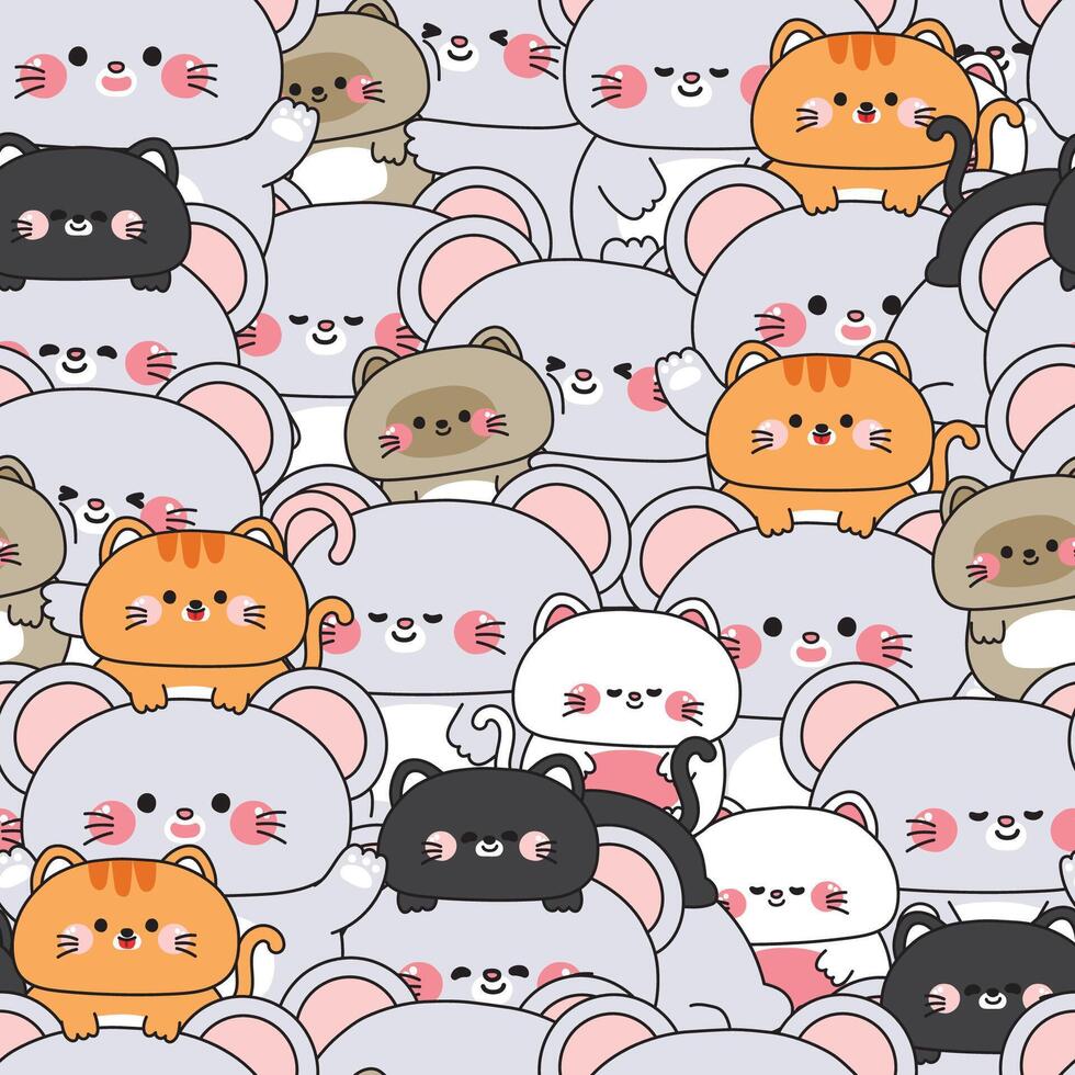 Repeat.Seamless pattern of cute big rat mouse and tiny cat meow kitten stay together in various poses background.Friendship.Love.Pet and rodent animal character cartoon.Kawaii.Illustration. vector