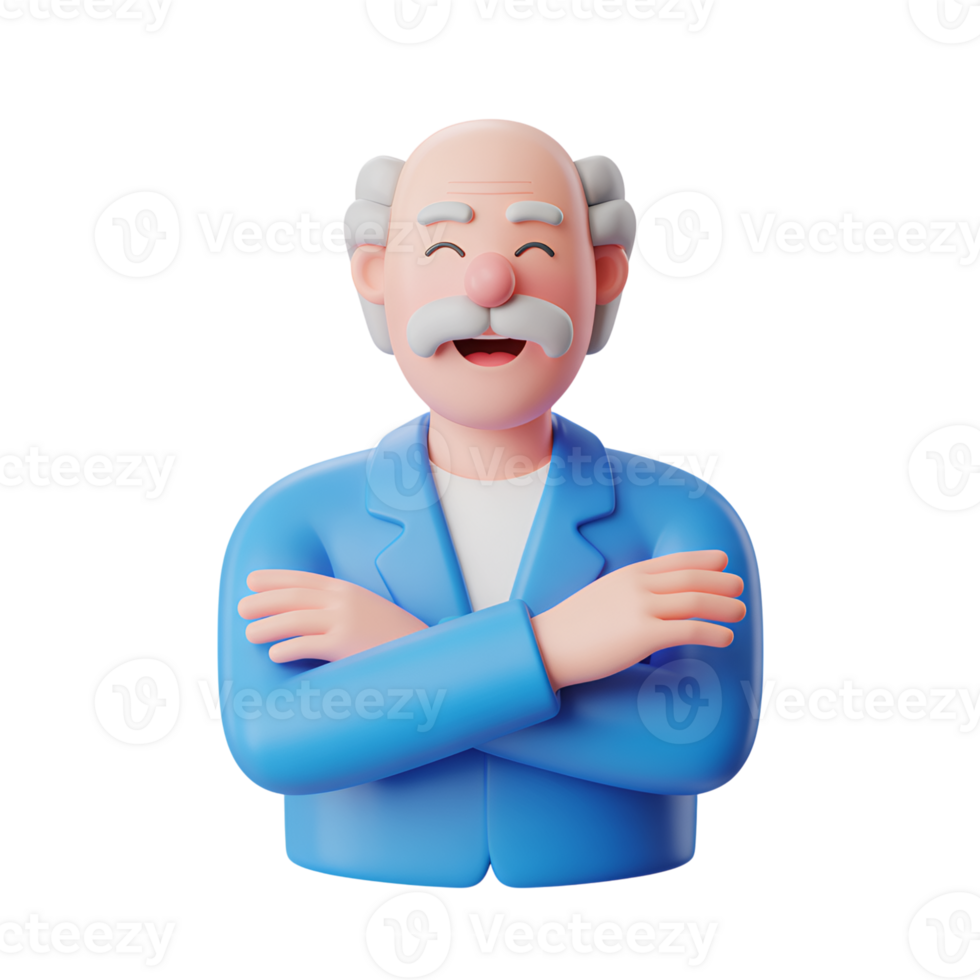 Cartoon character of a smiling old man with crossed arms in a blue jacket png