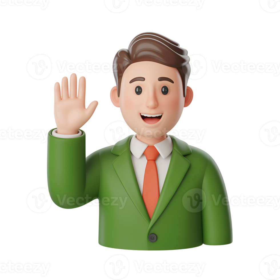 Cartoon man waving with green suit and orange tie on a clean background png