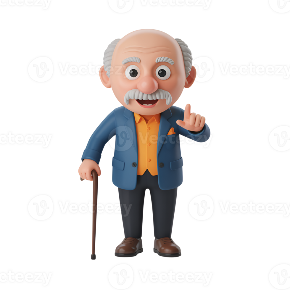 Cartoon grandpa with cane raising finger on isolated background illustration png