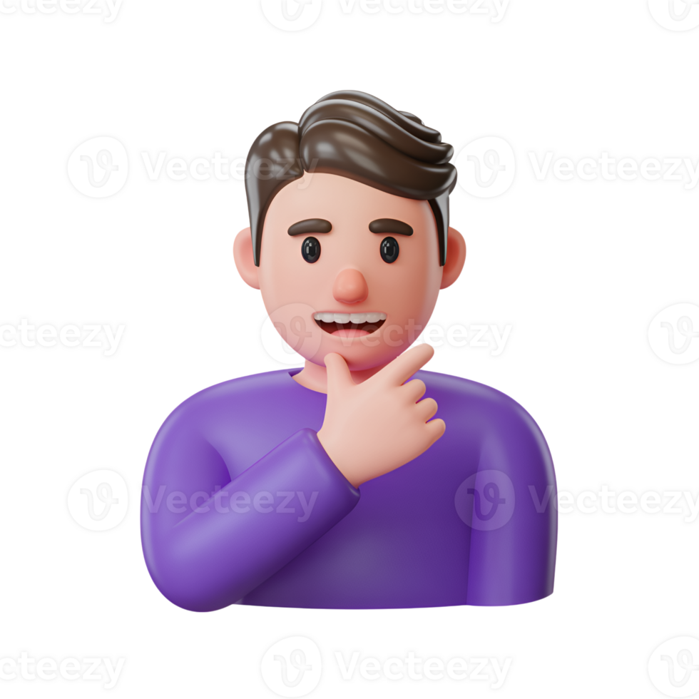 Cartoon man thinking with hand on chin in purple shirt on transparent area png