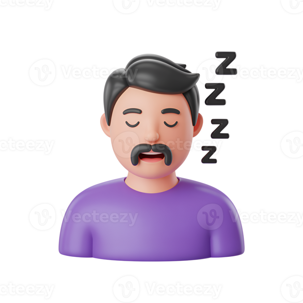 Sleeping man with mustache cartoon character snoring zzz signs 3d rendering png