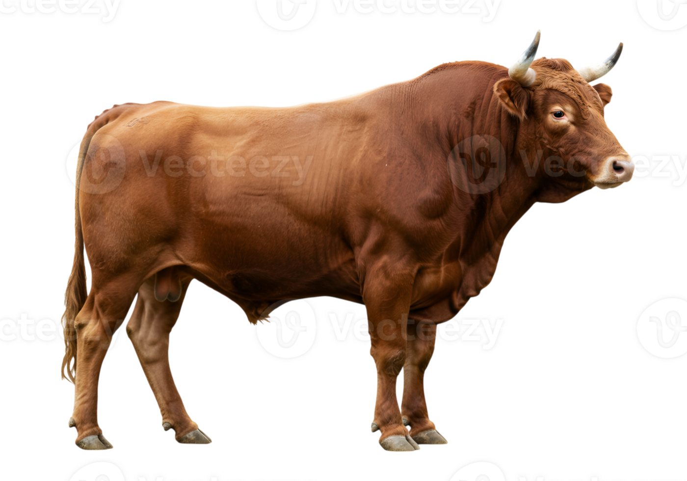 Brown bull standing isolated on plain, looking to the side in studio shot png