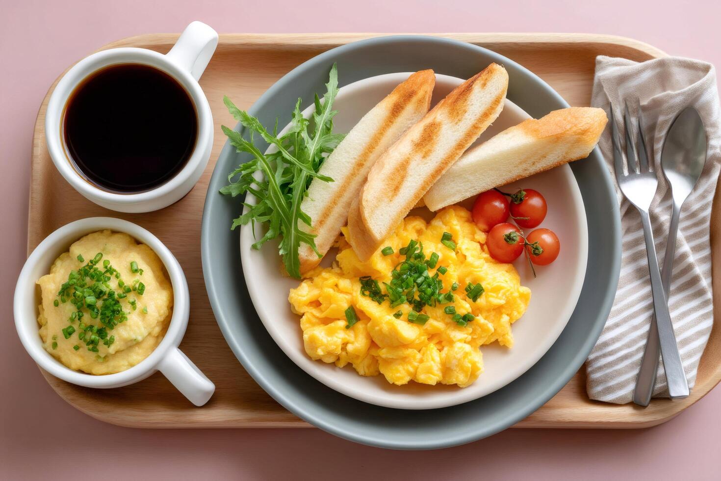 Scrambled eggs with toast, salad, mashed potatoes and coffee served on wooden tray for breakfast photo