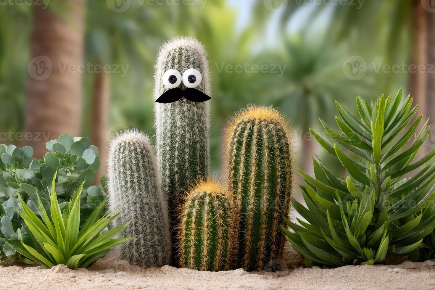 Funny mustached cactus wearing googly eyes growing in the desert photo