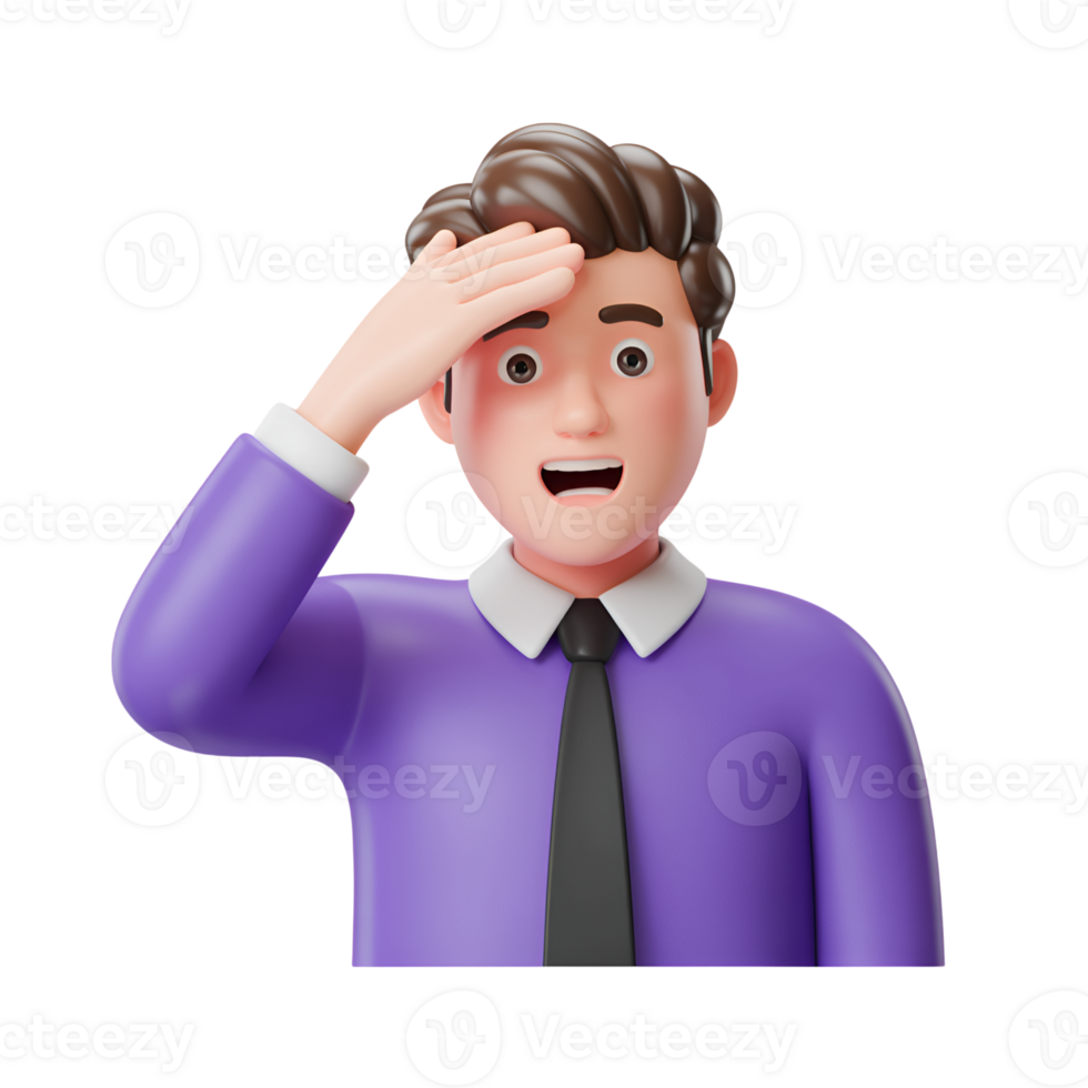 Cartoon man saluting with purple shirt and tie, 3d render character isolated png