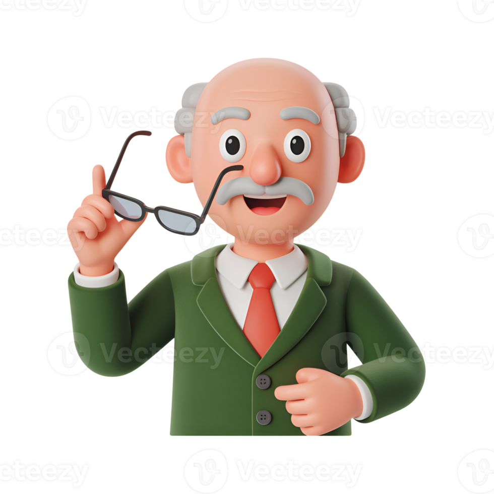 Cartoon professor holding glasses in hand, wearing a green suit and red tie png