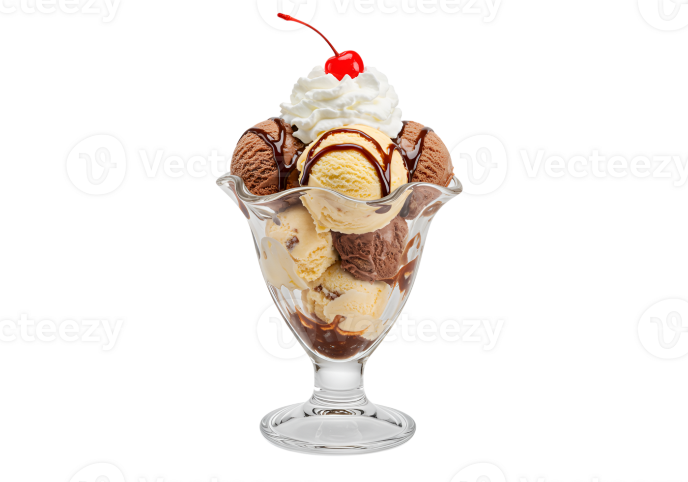 Ice cream sundae with whipped cream and cherry in a glass dessert bowl png