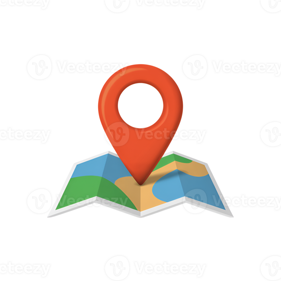 Map pin on folded paper map indicating location or destination point, navigation png