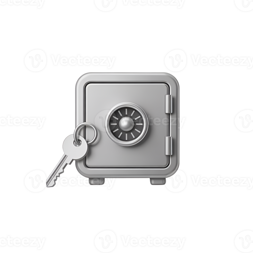 Metal safe with combination lock and key transparent on a clean surface design png