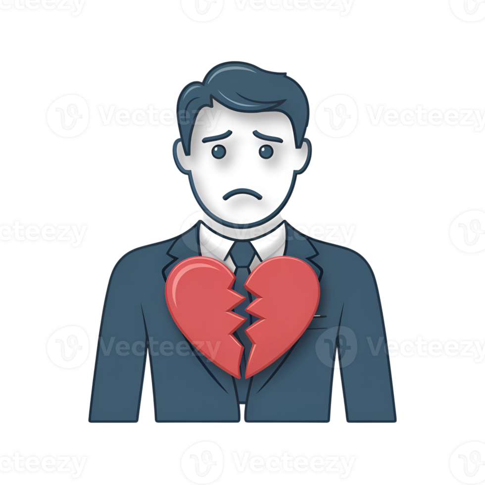 Broken heart emoji on man in suit with sad face expression, isolated image png