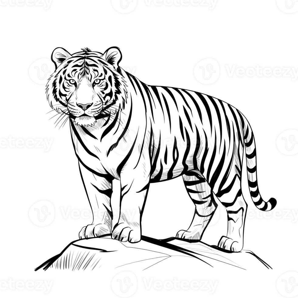 Tiger illustration standing tiger with stripes on a rock, line art style png