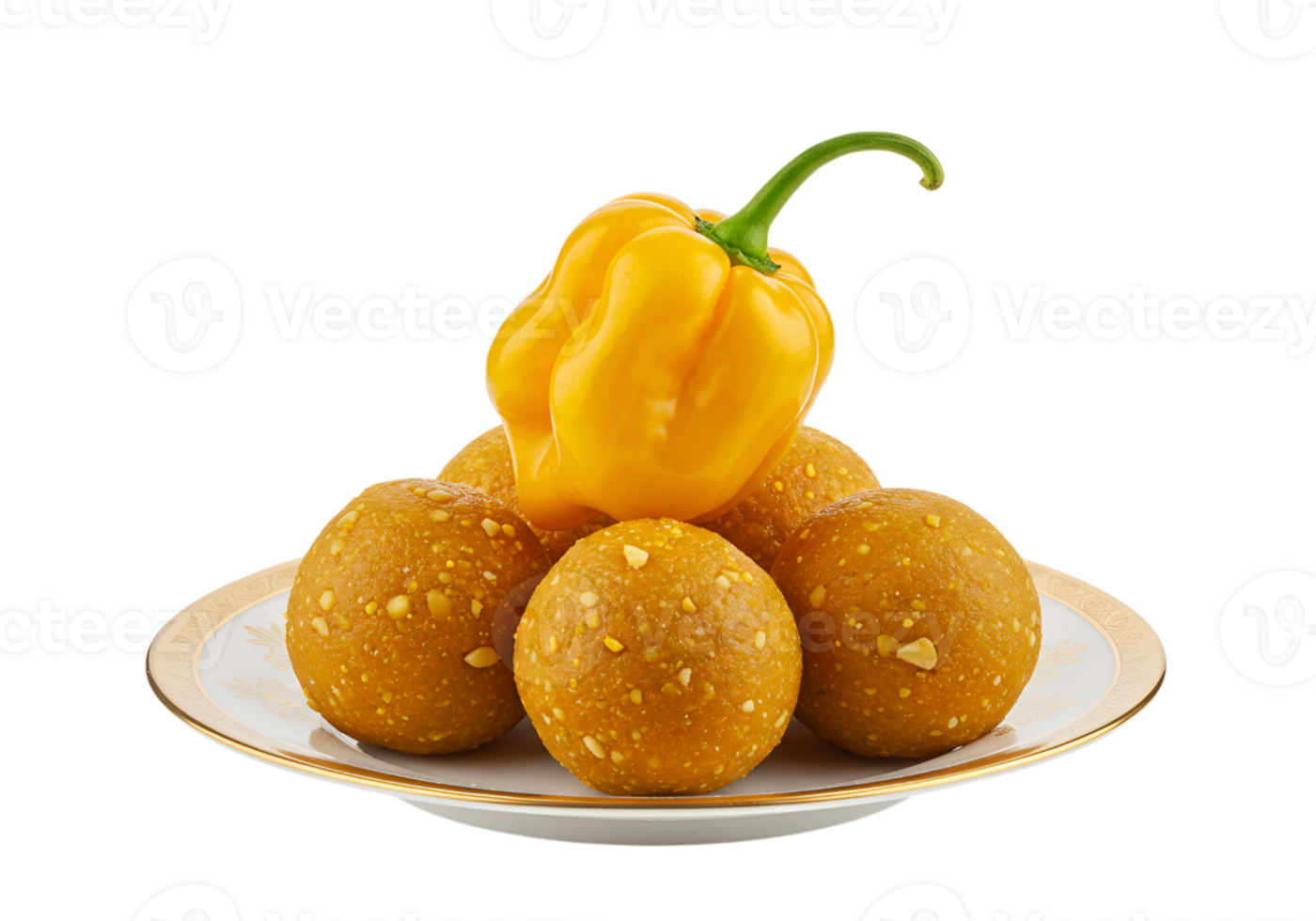 Laddu sweets with yellow bell pepper on plate against a plain background png