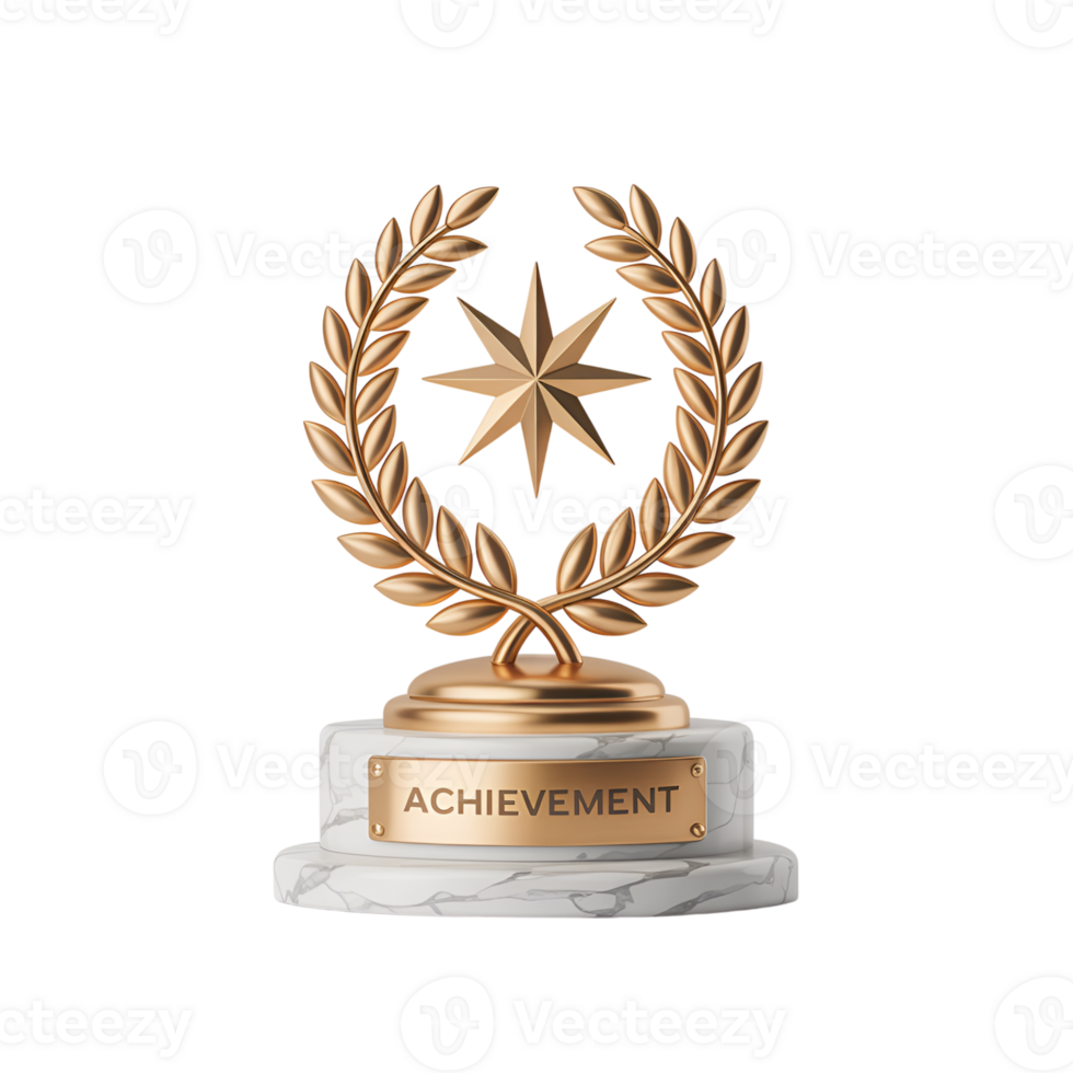 Achievement award with golden star and laurel wreath on marble base transparent png
