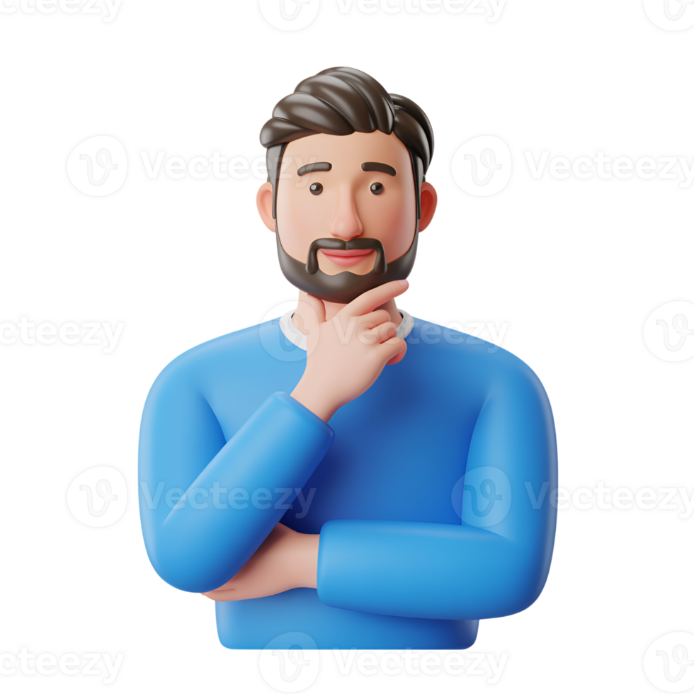 Thinking man 3d render with hand on chin isolated on a simple background png