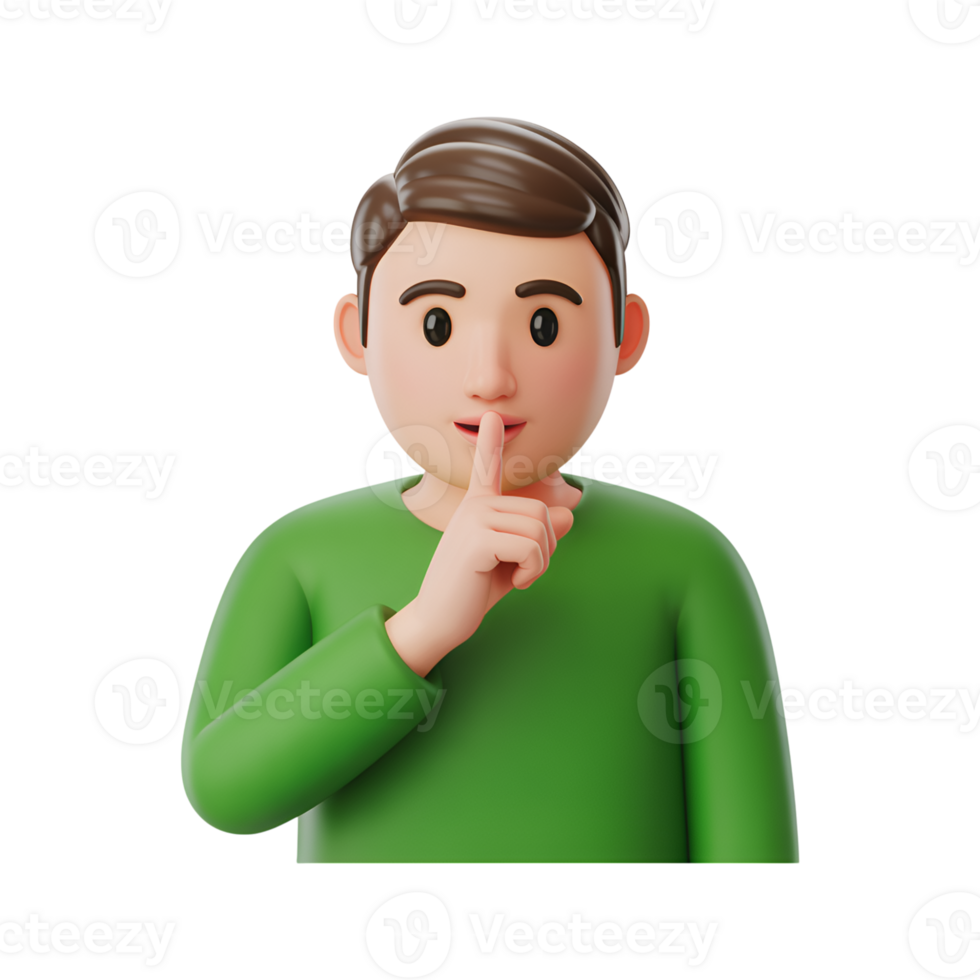 Cartoon man gesturing silence with finger over lips against a plain background png