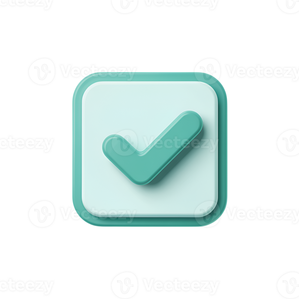 Check mark icon in teal color on square button, 3d rendering, transparent png