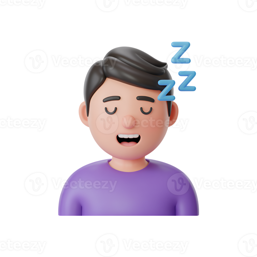 Sleeping character with zzz above head indicating sleep, 3d rendering style png