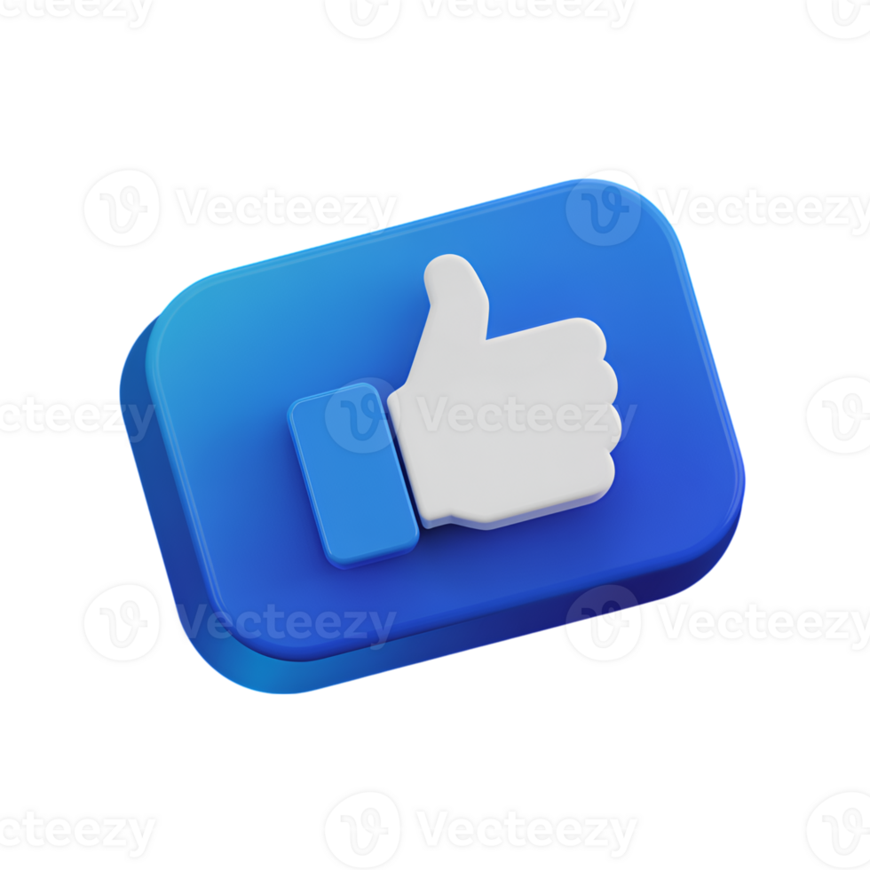 Thumbs up icon on blue square, social media like button, approval symbol, 3d render png