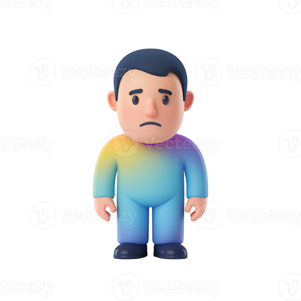 triste 3d personagem com arco Iris cor gradiente em roupas, isolado em avião fundo png