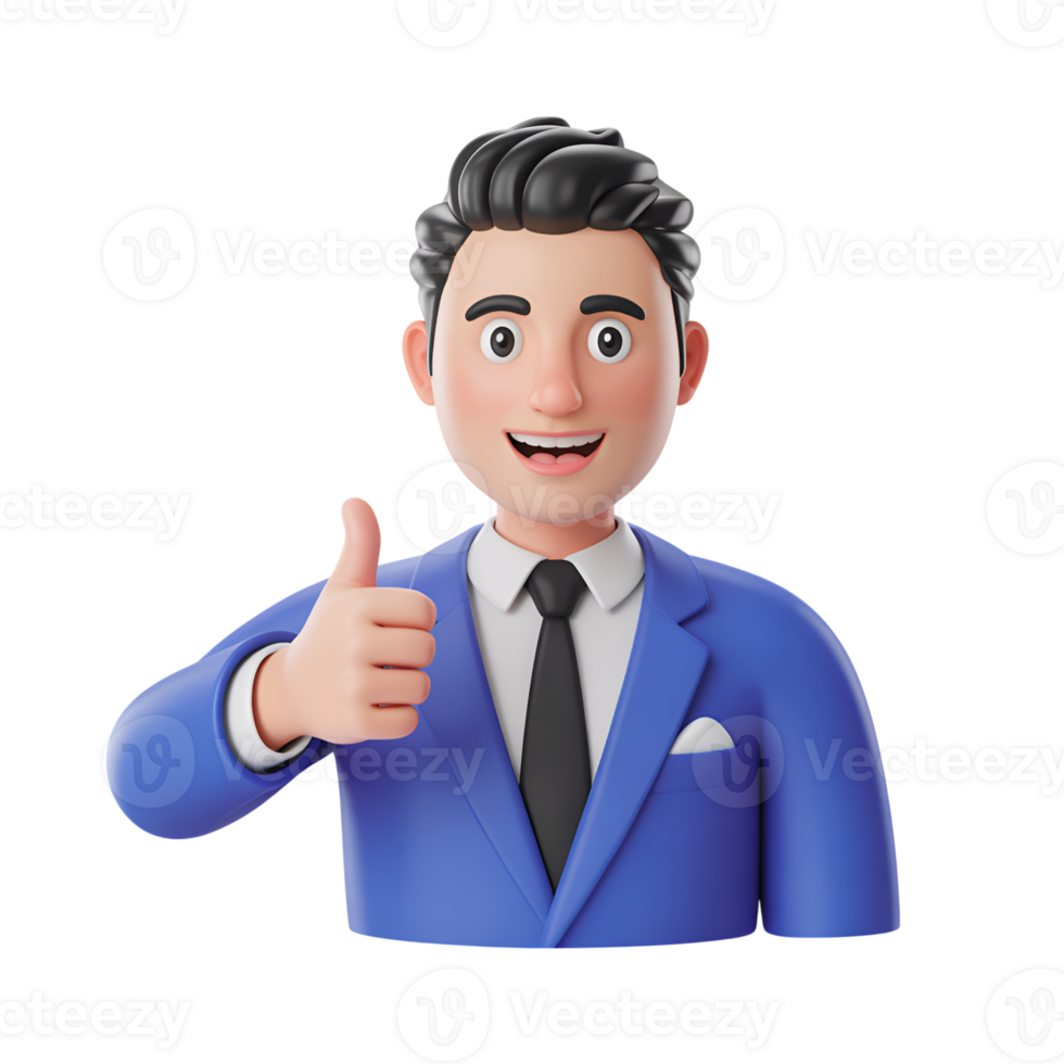 Cartoon businessman giving thumbs up approval in a blue suit and tie isolated png
