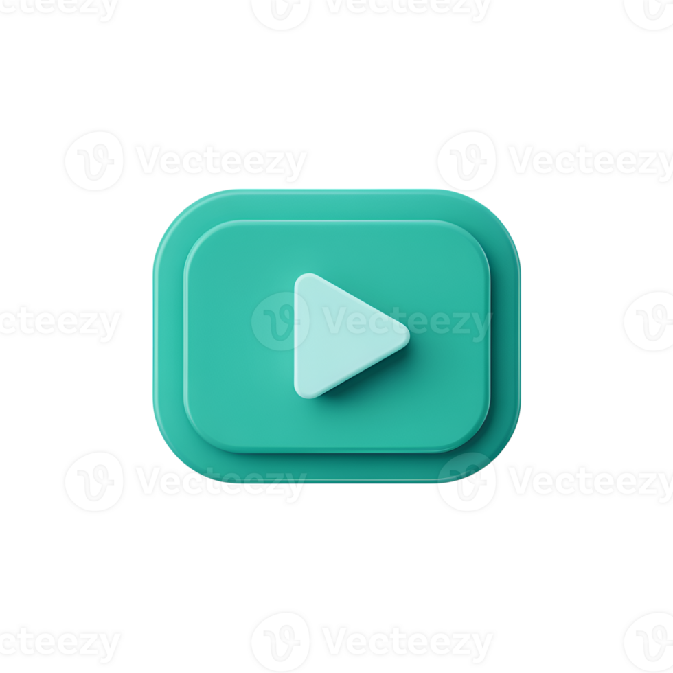 Play button icon, turquoise color, 3d render, transparent object, media player, start symbol png