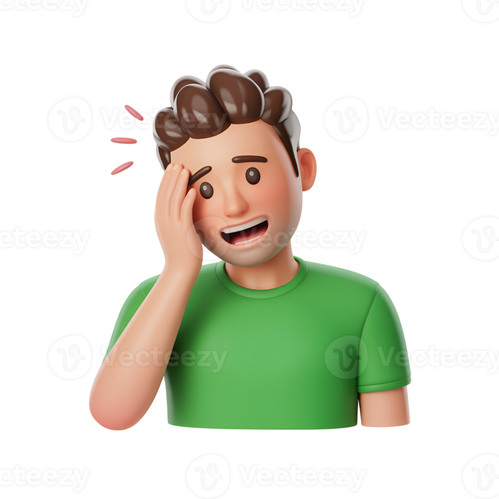 Cartoon man with headache holding head in pain with red lines above head png