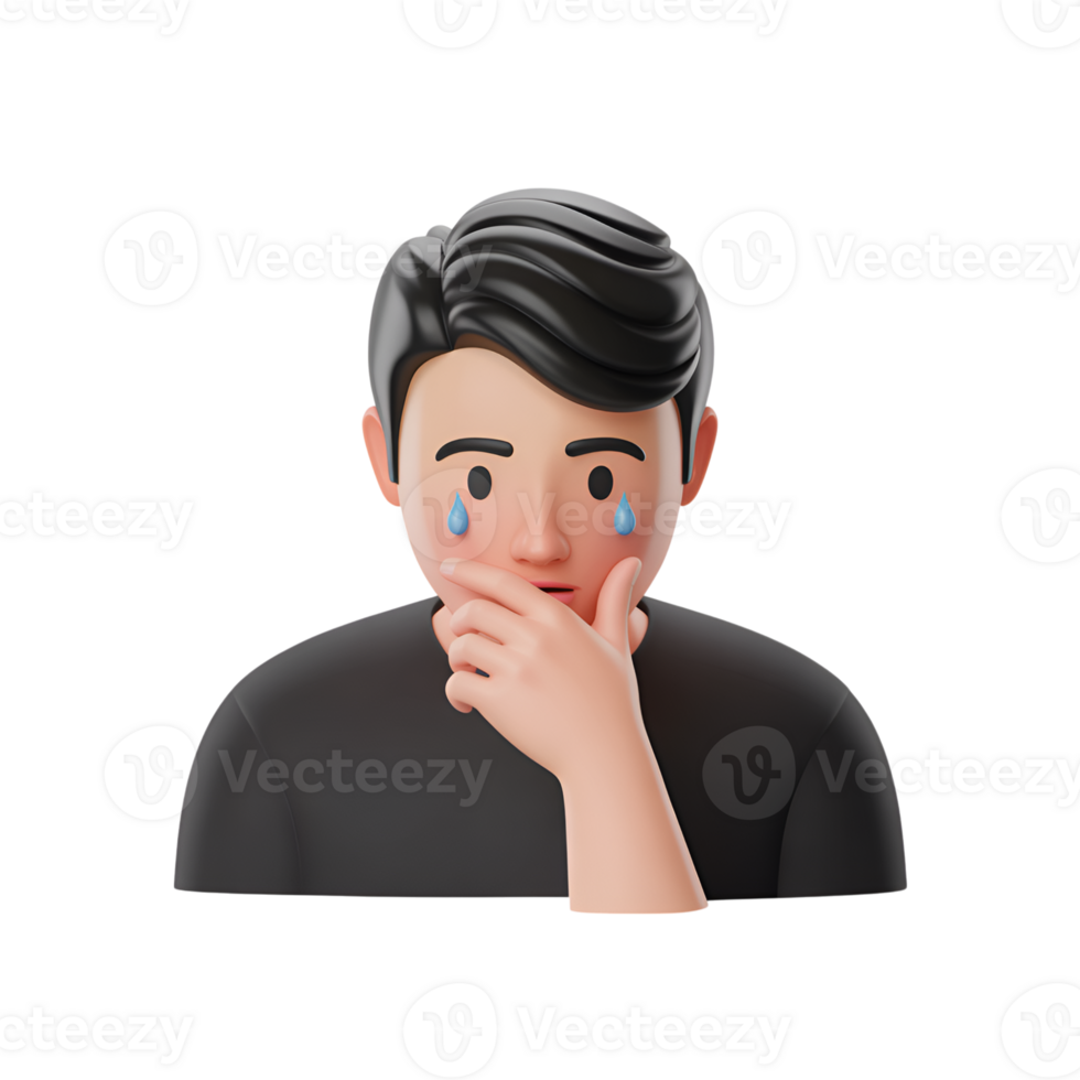 Crying man with hand on chin, 3d rendering of sadness and emotional distress png