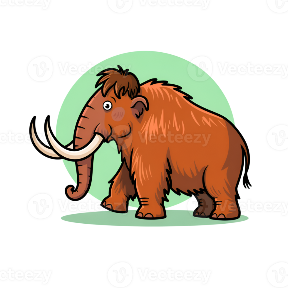 Cartoon mammoth walking with large tusks and furry brown coat on green background png
